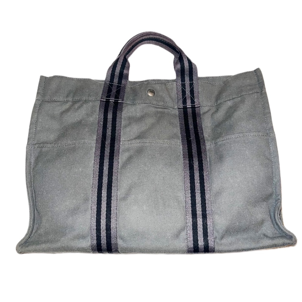 Authentic VTG Large Hermes Herline Gray Canvas Tote/ Shoulder Bag